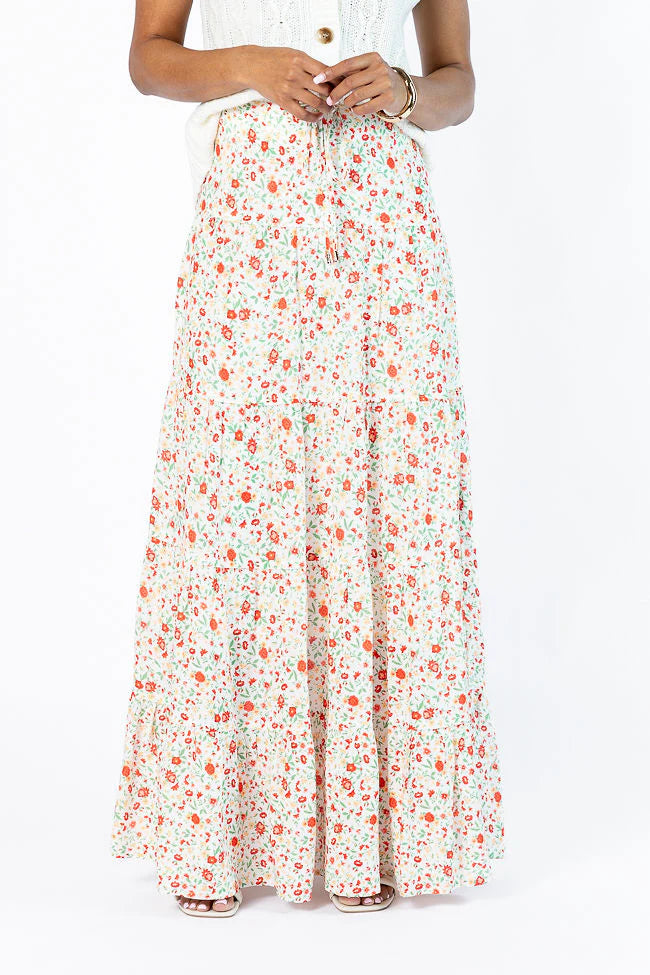 Sunlit Blossoms Ivory and Red Floral Maxi Skirt