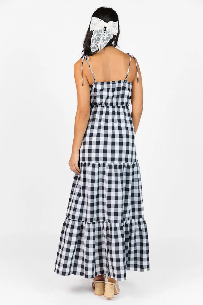 Checked Out Black and White Gingham Tie Front Maxi Dress