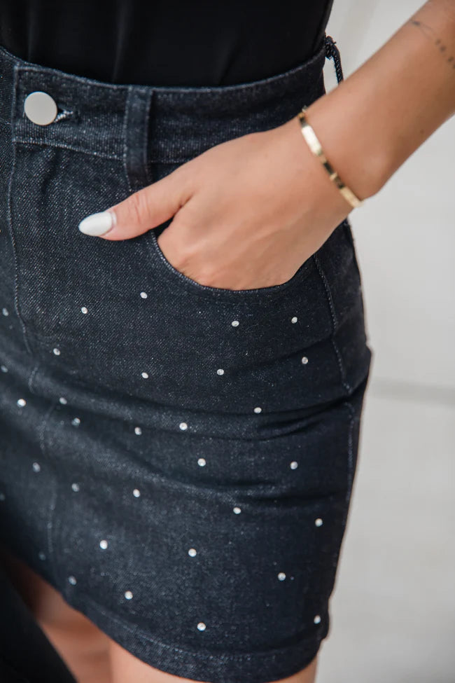 Got Your Attention Black Rhinestone Studded Denim Skirt SALE