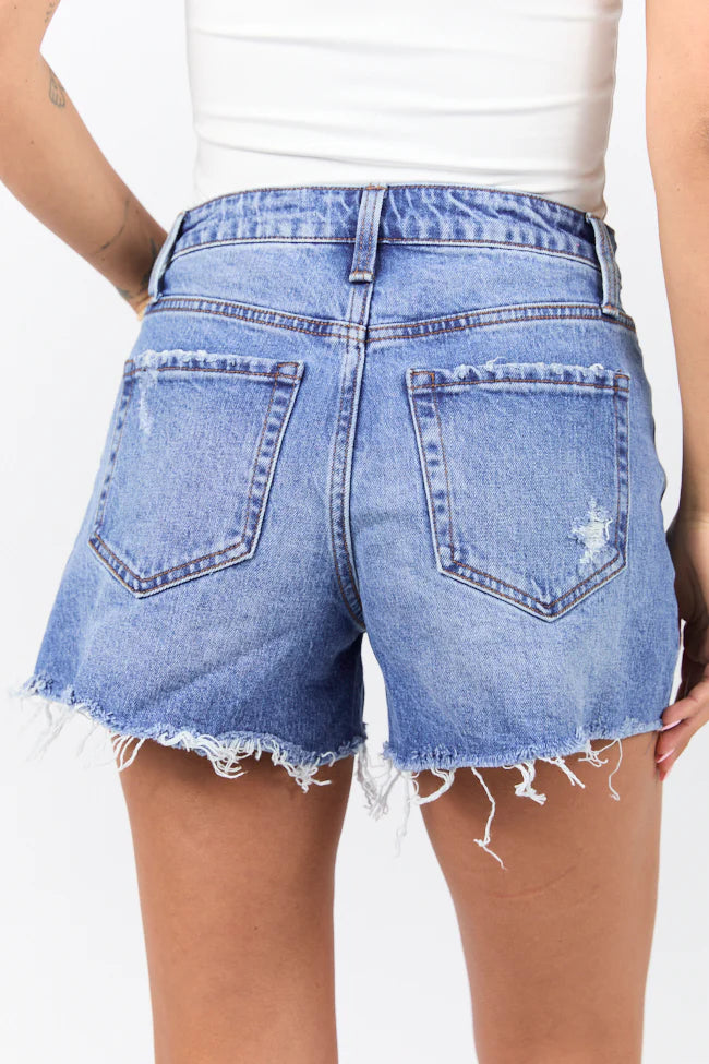 Emmy High Waisted Stretch Relaxed Raw Hem Denim Shorts