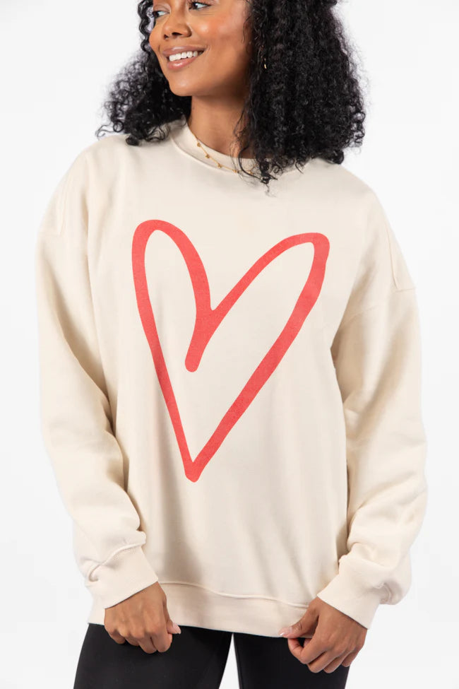 Red Heart Sketch Cream Oversized Graphic Sweatshirt