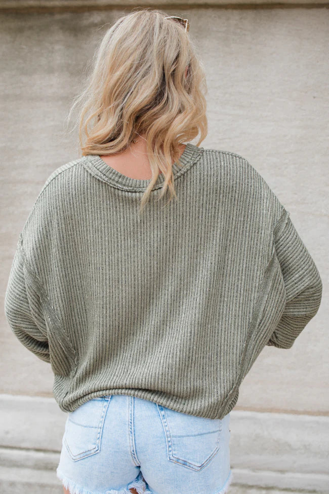 Wish For More Olive Ribbed Knit V-Neck Top