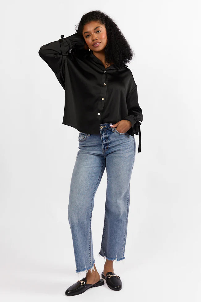 Think It Through Black Bow Cuff Satin Button Down Shirt