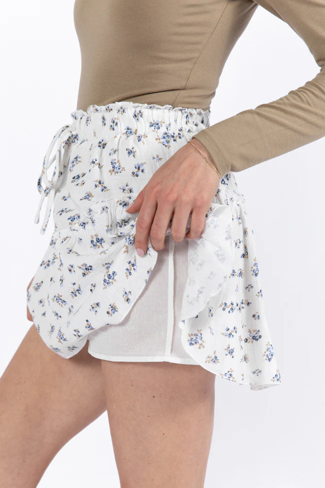 Garden Party Ivory and Blue Floral Print Gauze Skort