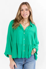 Something Good Green Tiered Relaxed Button Down Blouse