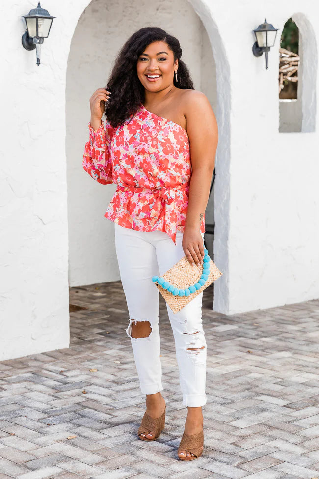 Destination Unknown One Shoulder Blouse in Watercolor Red Floral Print FINAL SALE