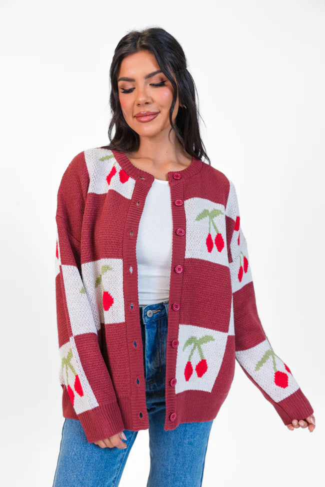 Cherry Much In Love Brick and White Multi Checkered Cardigan