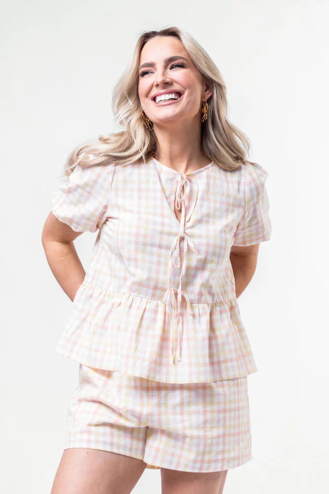 Tell Your Story Multi Gingham Short Sleeve Tie Front Peplum Blouse