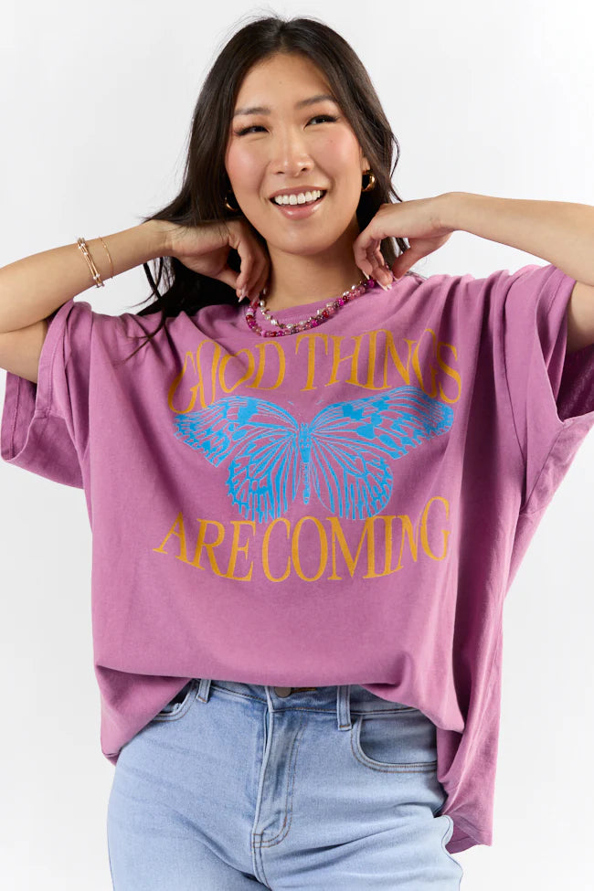 Good Things Are Coming Purple Hyfve Oversized Graphic Tee