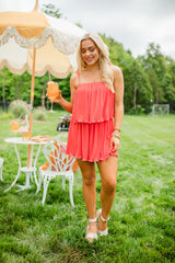 In the Afterglow Hot Coral Pleated Romper SALE