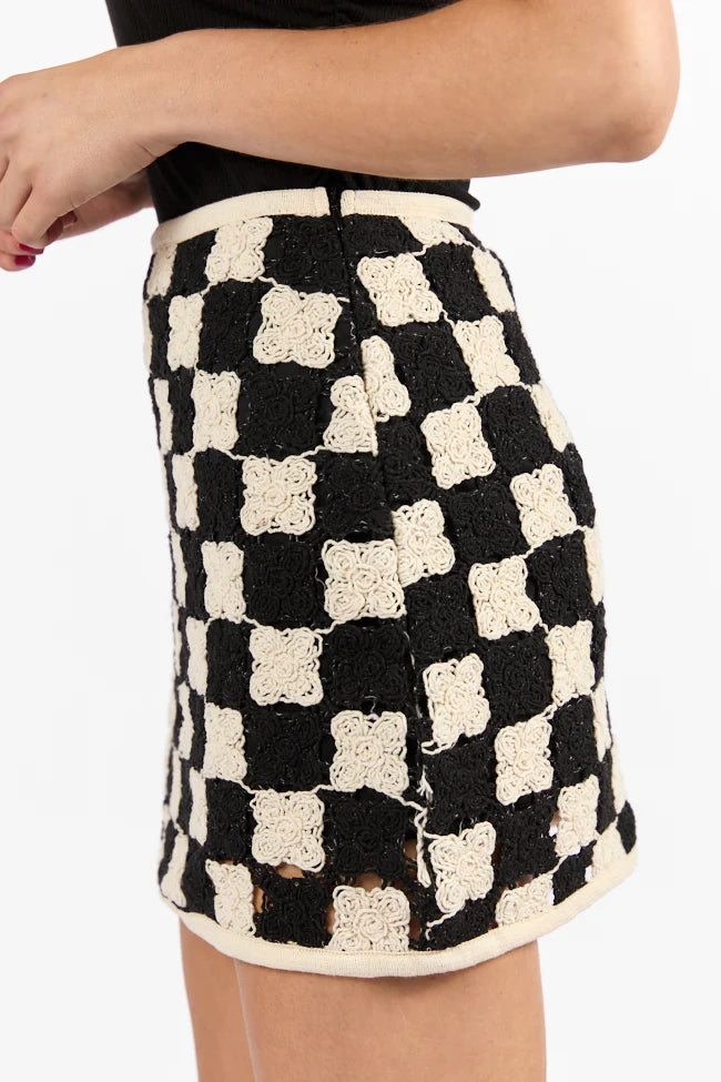 Check On Me Black and Cream Checkered Crochet Mini Skort