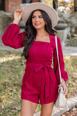 Creating Romance Merlot Corded Belted Long Sleeve Romper FINAL SALE