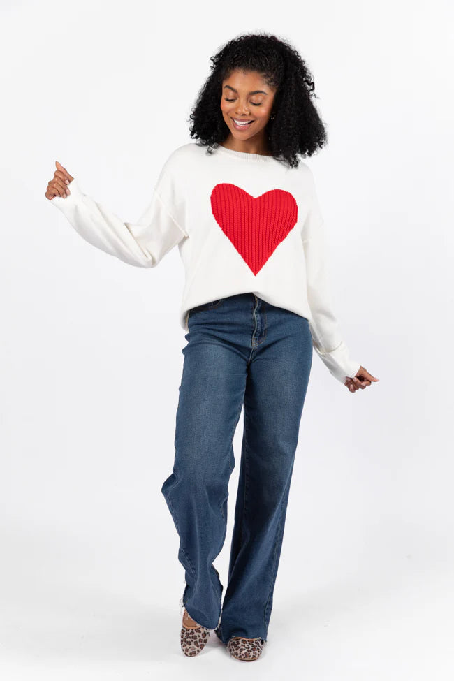 In My Heart Ivory and Red Cable Knit Heart Sweater FINAL SALE