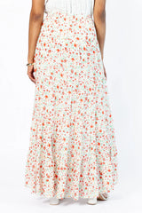 Sunlit Blossoms Ivory and Red Floral Maxi Skirt