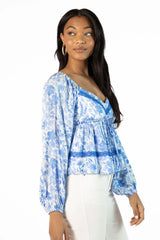 In My Dreams Blue Lace Trim Floral Blouse