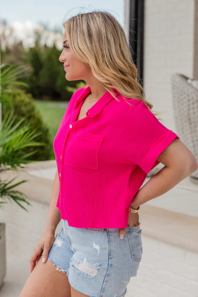 I'll Be Around Pink Cropped Gauze Button Front Top SALE