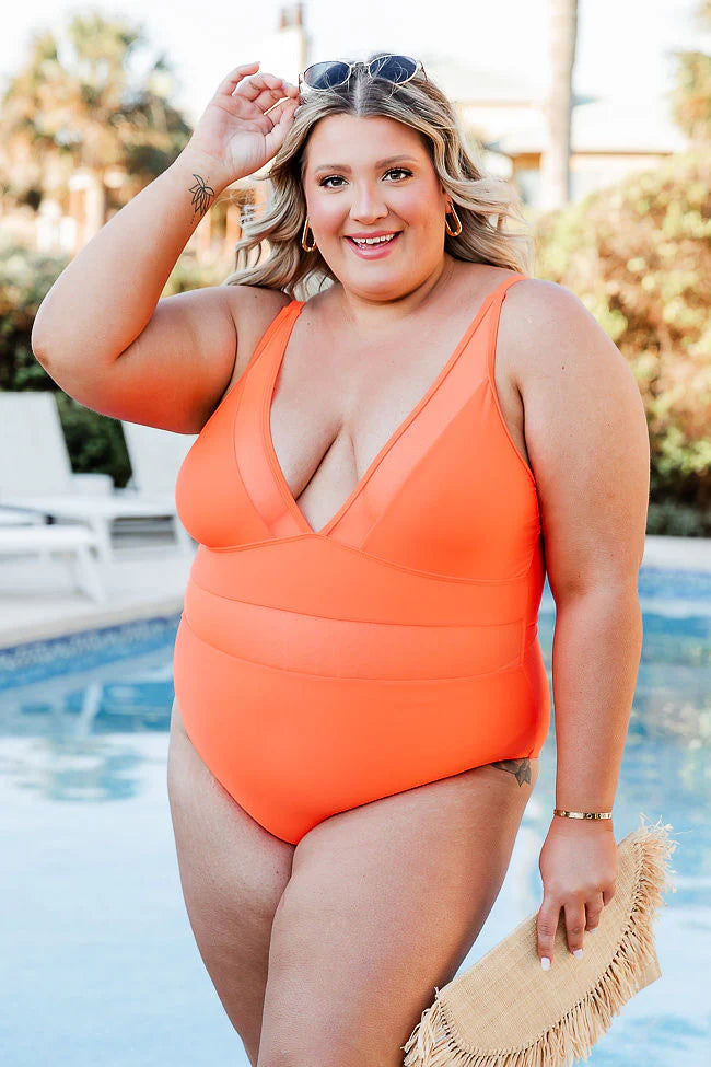 Lost In The Waves Bright Orange V-Neck One Piece Swimsuit FINAL SALE