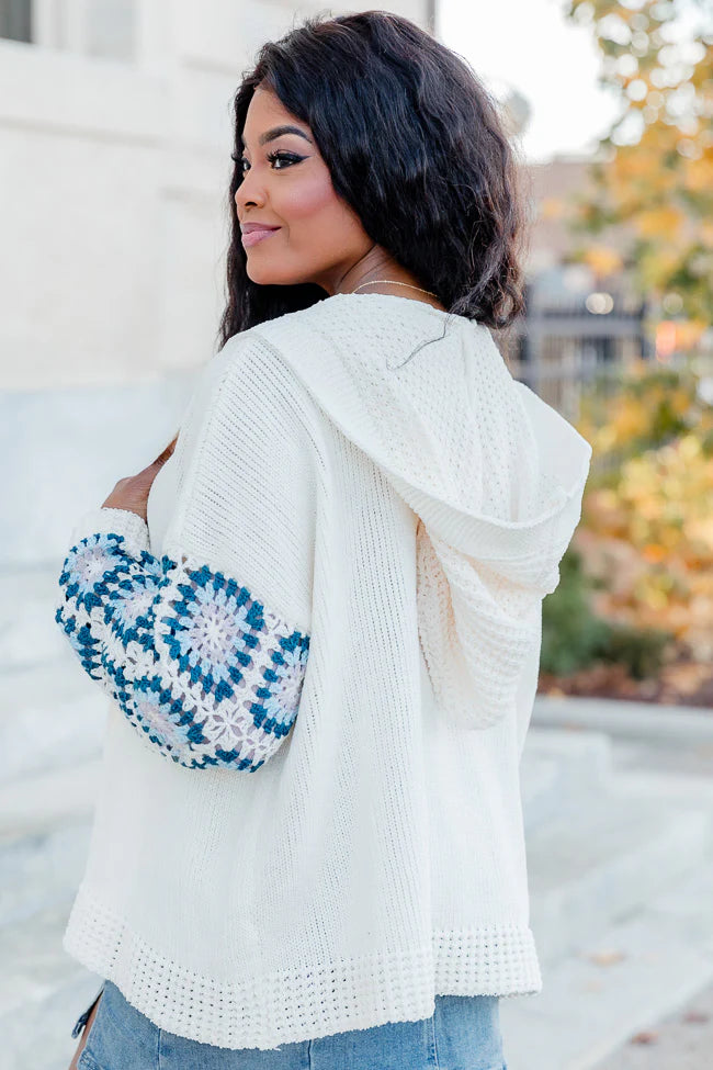 Be Better Ivory and Blue Crochet Sleeve Hooded Cardigan FINAL SALE