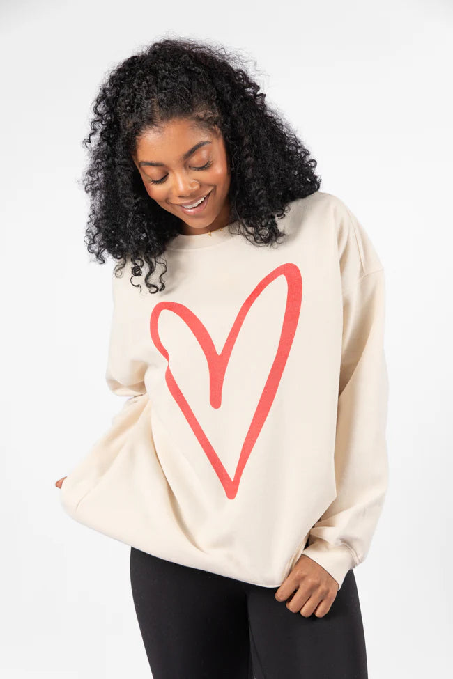 Red Heart Sketch Cream Oversized Graphic Sweatshirt