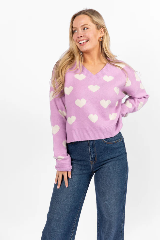 By The Book Lilac Hearts V-Neck Sweater FINAL SALE