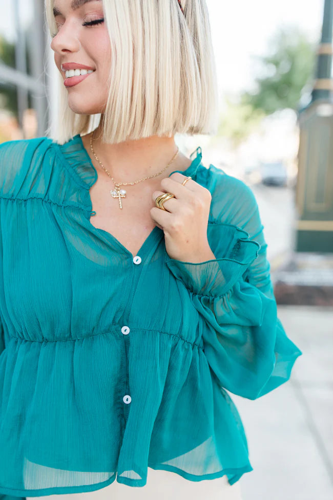 Breathe Deeper Jade Sheer Ruched Blouse FINAL SALE