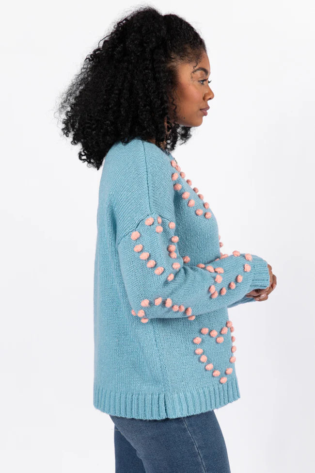 Adore You Blue and Pink Oversized Heart Pom Sweater FINAL SALE