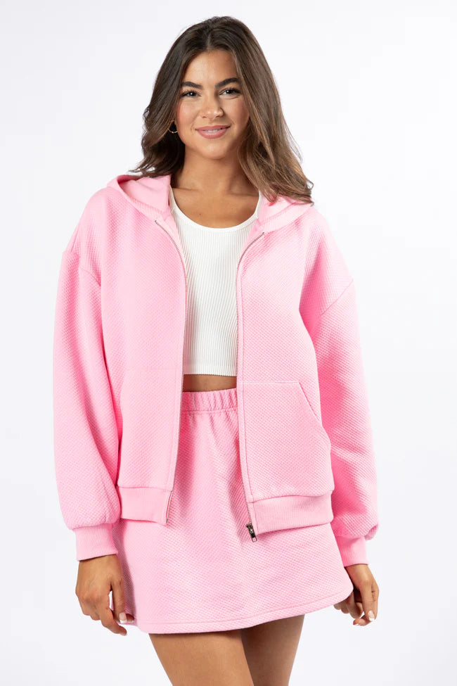 Have It My Way Pink Textured Knit Zip Up Hooded Sweatshirt SALE