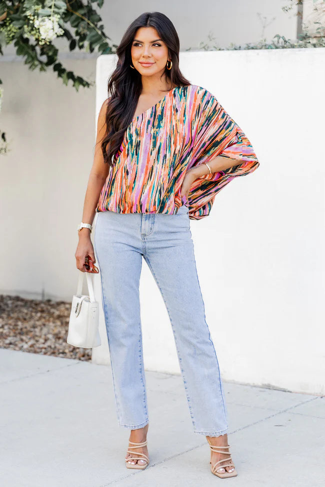 All Dressed Up Multi Printed Satin One Shoulder Blouse FINAL SALE