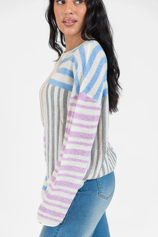 He Loves Me Taupe Multi Stripe Lightweight Sweater