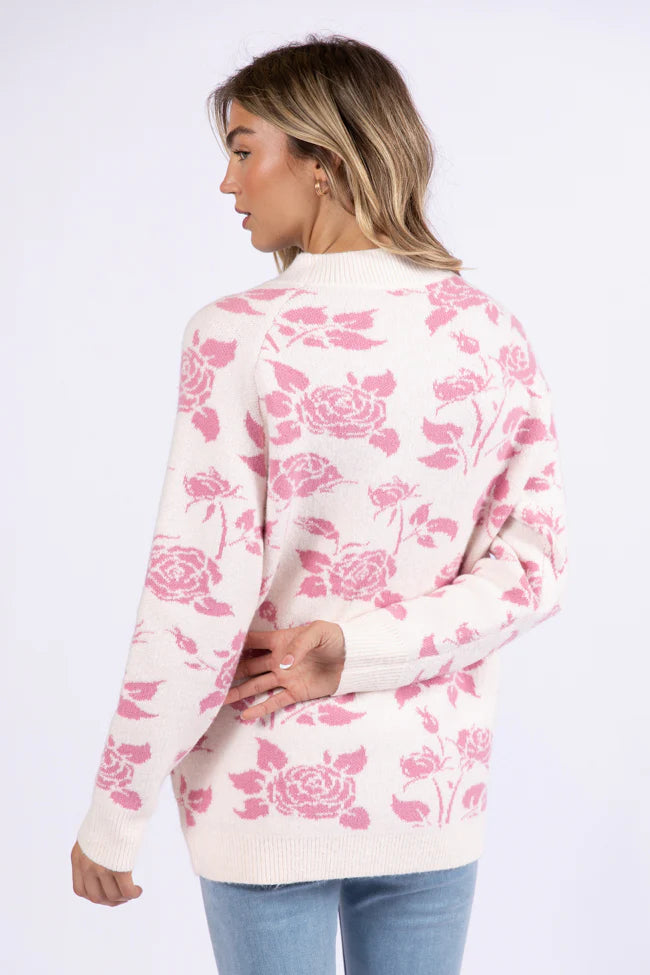 Feeling Like Love Ivory and Pink Floral Crew Neck Sweater SALE