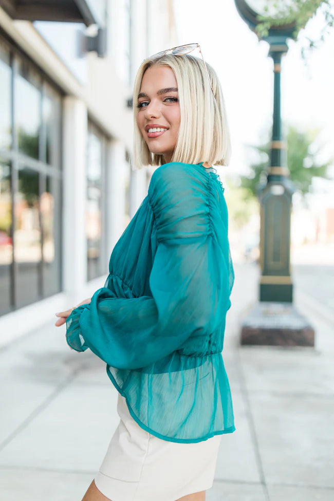 Breathe Deeper Jade Sheer Ruched Blouse FINAL SALE