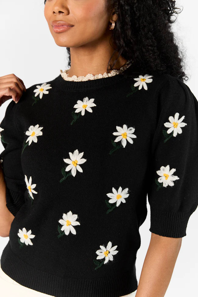 Around The Garden Black Floral Embroidered Lace Trim Short Sleeve Sweater