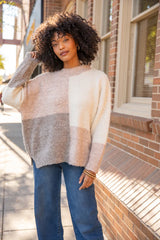 All On You Beige Multi Fuzzy Colorblock Mock Neck Sweater