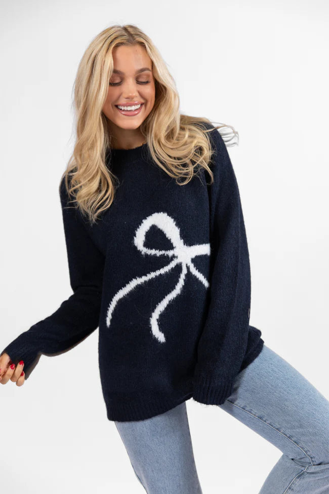 Feeling Like Love Navy and Ivory Bow Crew Neck Sweater