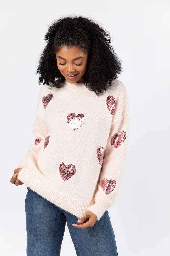 True Romance Blush Sequin Heart Sweater FINAL SALE