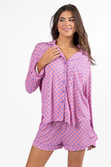 Good To Get Away Light Pink and Lilac Checkered Long Sleeve Pajama Top