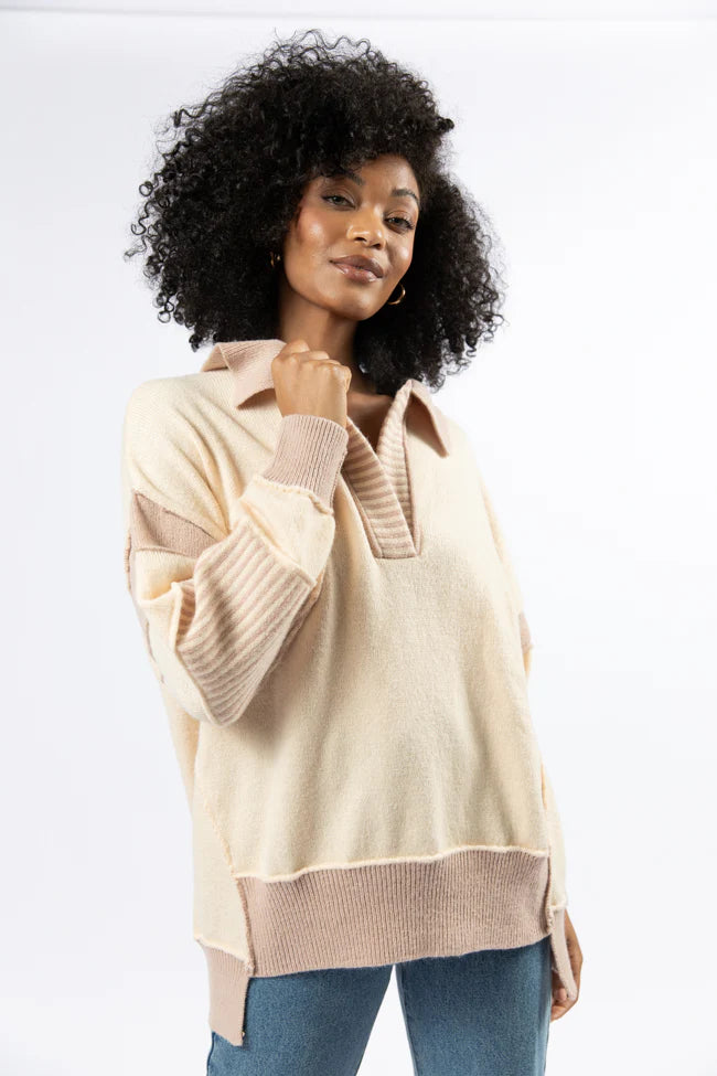 Think About It Cream and Mauve Collared Oversized Sweater