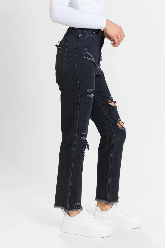 Megan Black Wash Distressed Straight Leg Mom Jeans