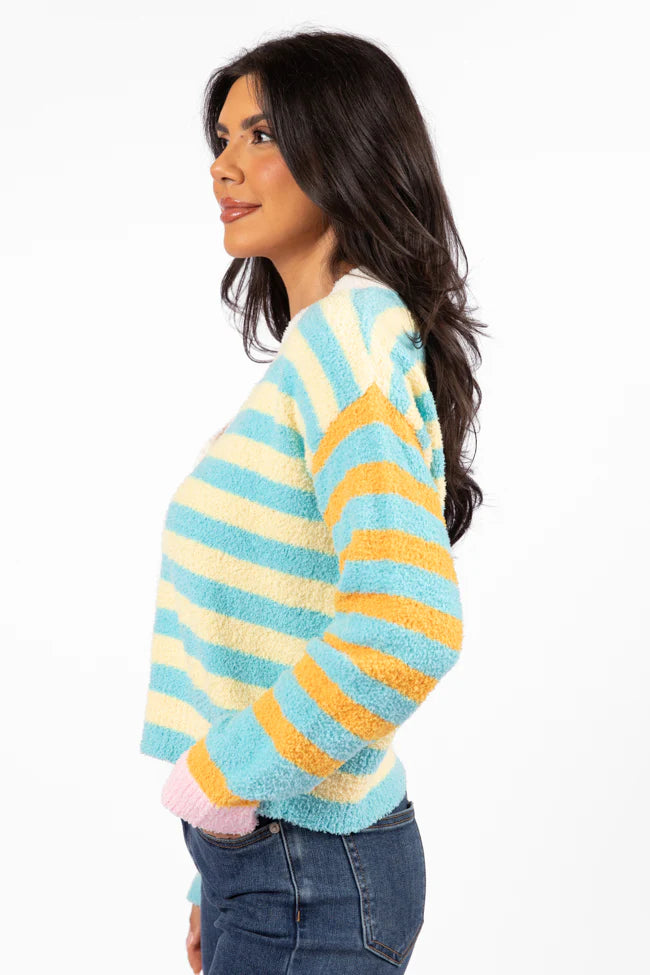 Check It Out Yellow, Blue, and Pink Fuzzy Cardigan SALE