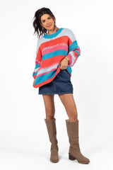 Something Extra Blue Multi Stripe Chunky Knit Stitch Detail Sweater