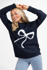 Feeling Like Love Navy and Ivory Bow Crew Neck Sweater