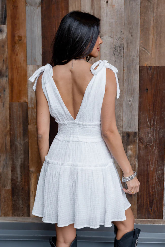 Secret Crush White Tie Shoulder V-Neck Dress SALE