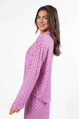 Good To Get Away Light Pink and Lilac Checkered Long Sleeve Pajama Top