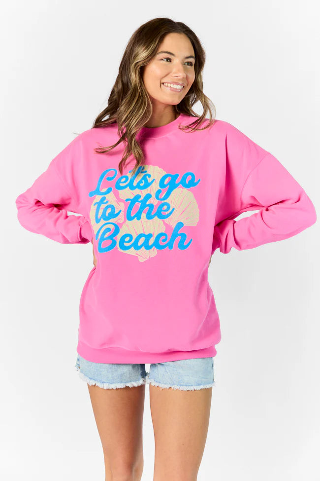 Let's Go To The Beach Pink Oversized Graphic Sweatshirt