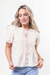 Tell Your Story Multi Gingham Short Sleeve Tie Front Peplum Blouse