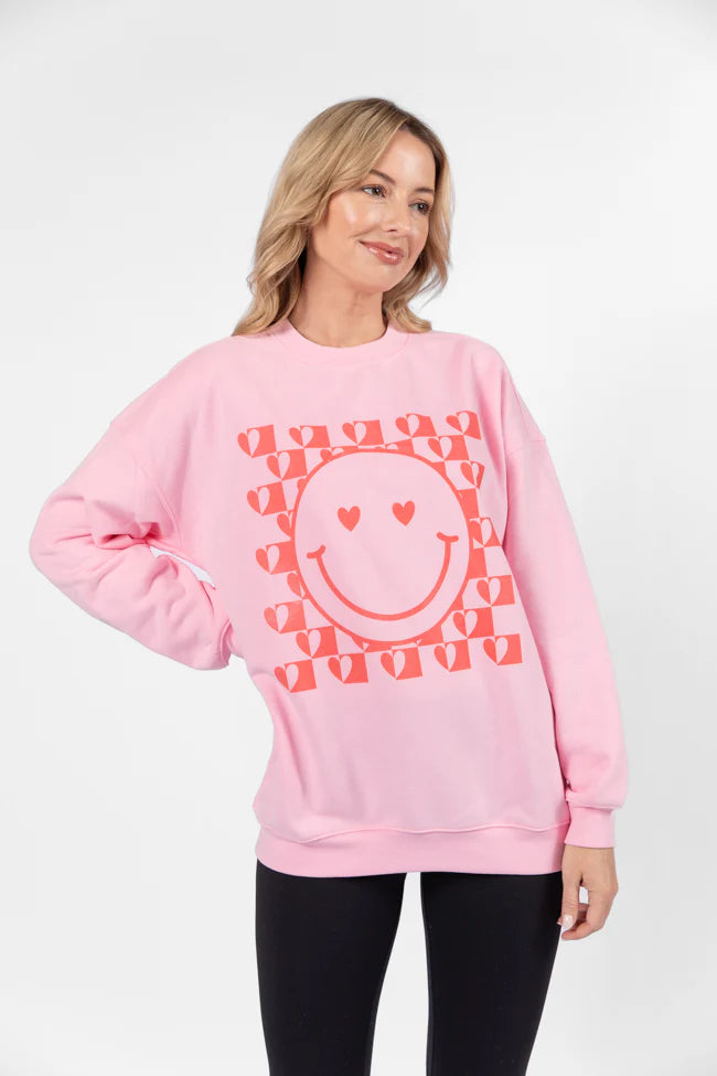 Heart Checkered Smiley Light Pink Oversized Graphic Sweatshirt