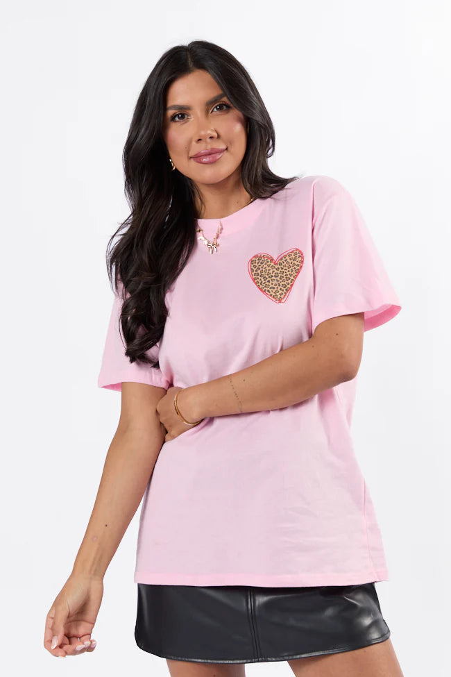 Love is All Around Leopard Heart Light Pink Oversized Graphic Tee