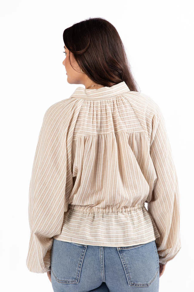 My Hands Are Tied Taupe Striped Drawstring Button Down Blouse