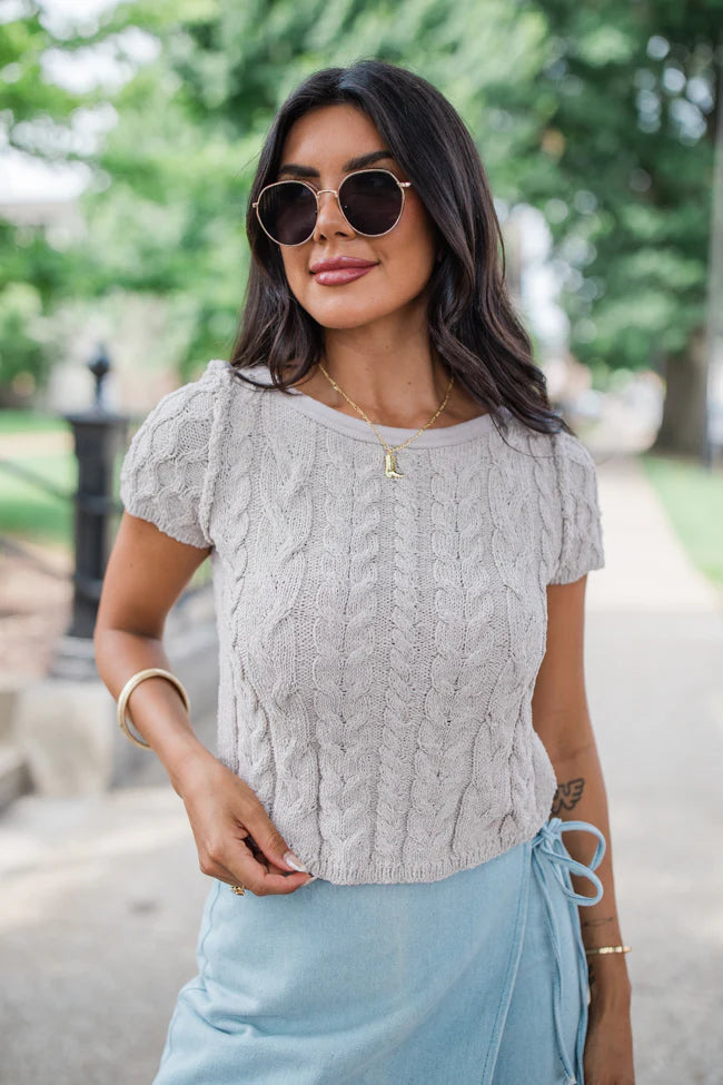 I'm In Charge Beige Cable Knit Short Sleeve Sweater