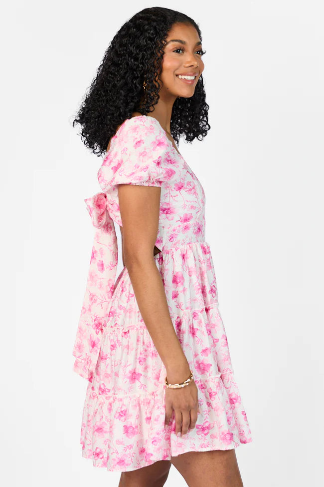 Calling Perfection Pink Floral Dress With Back Bow Detail